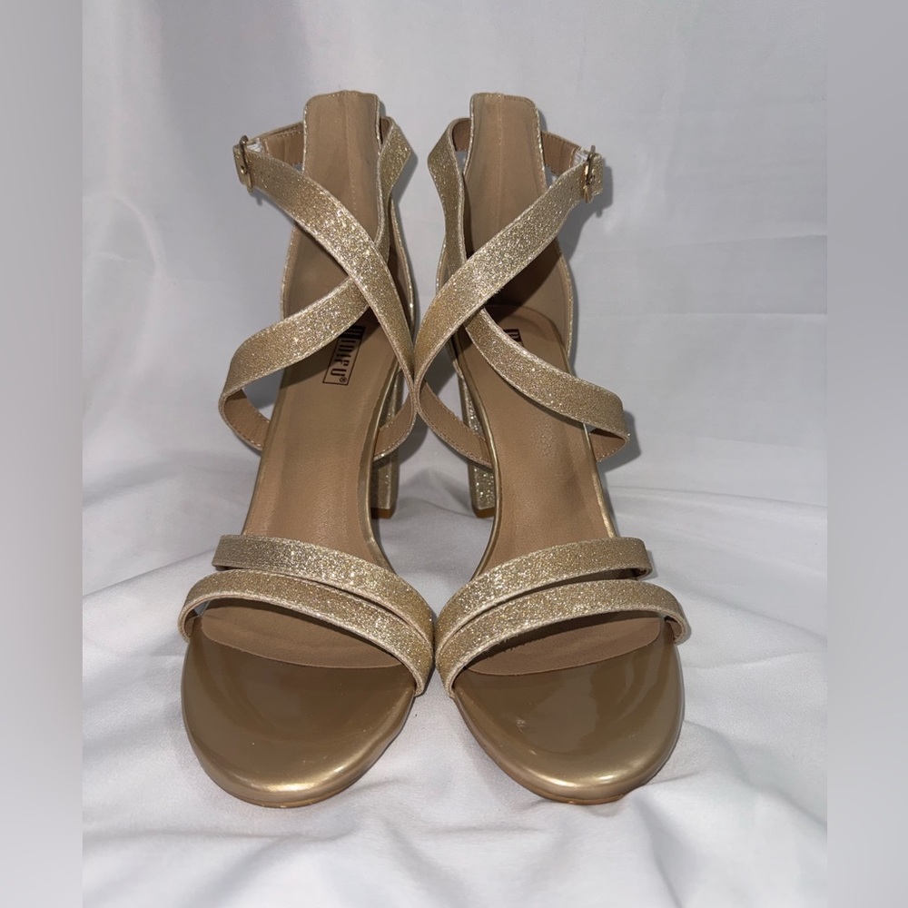 Gold Shimmering Strappy Sandals Size 10 Blocked Heel